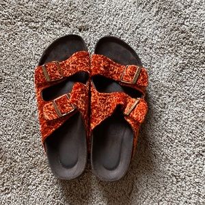 Arizona Birkenstock in Crushed orange velvet